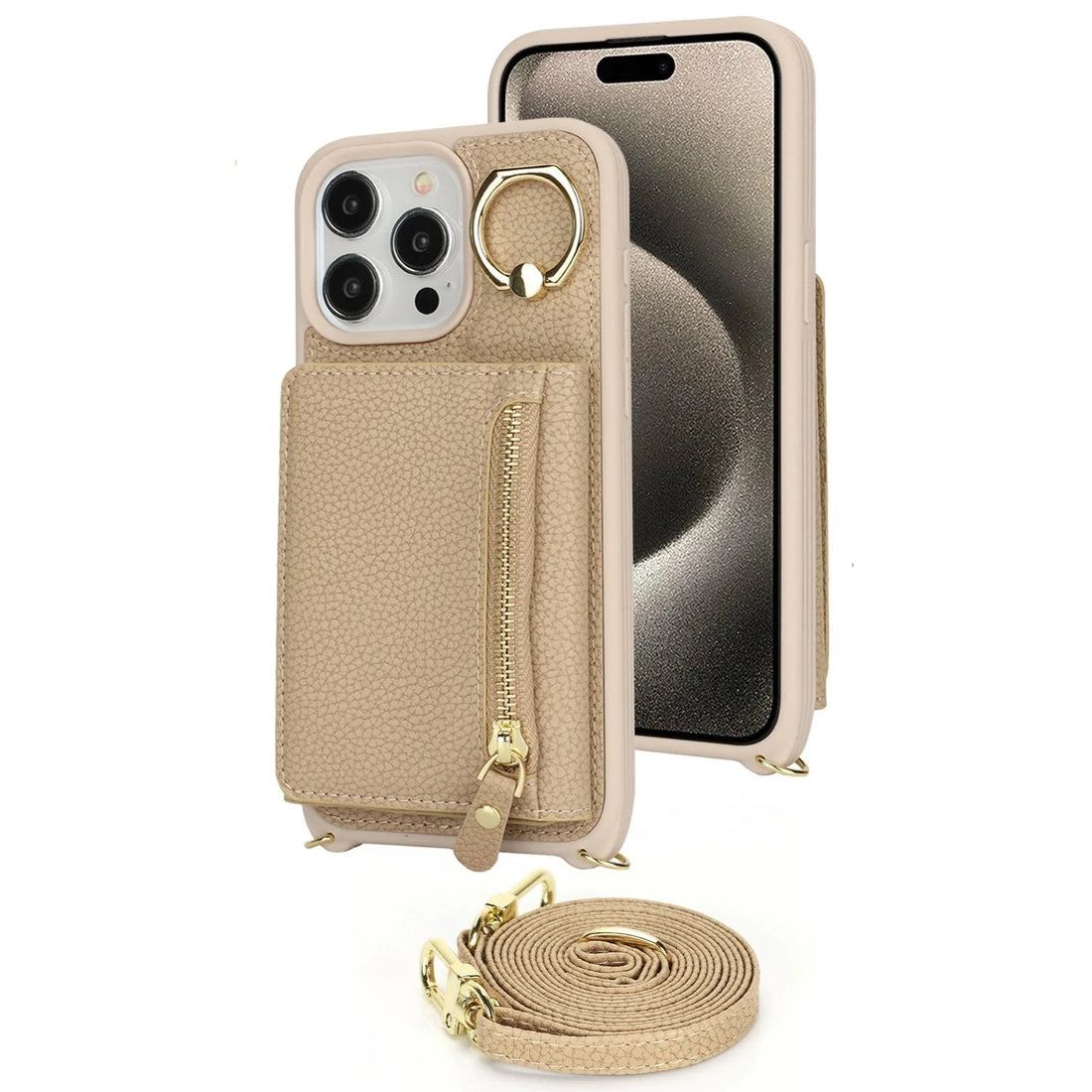 Crossbody Ring Holder Card Slot Wallet Leather Case for iPhone 15 Series