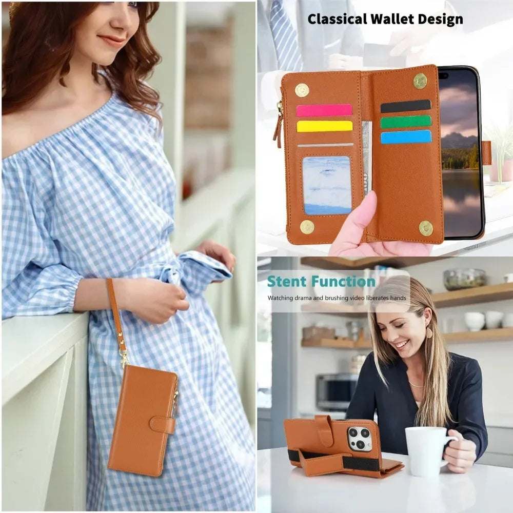 Leather Zipper Wallet Phone Case with Card Holder & Wrist Strap for iPhone 16 Series – Stylish Convenience