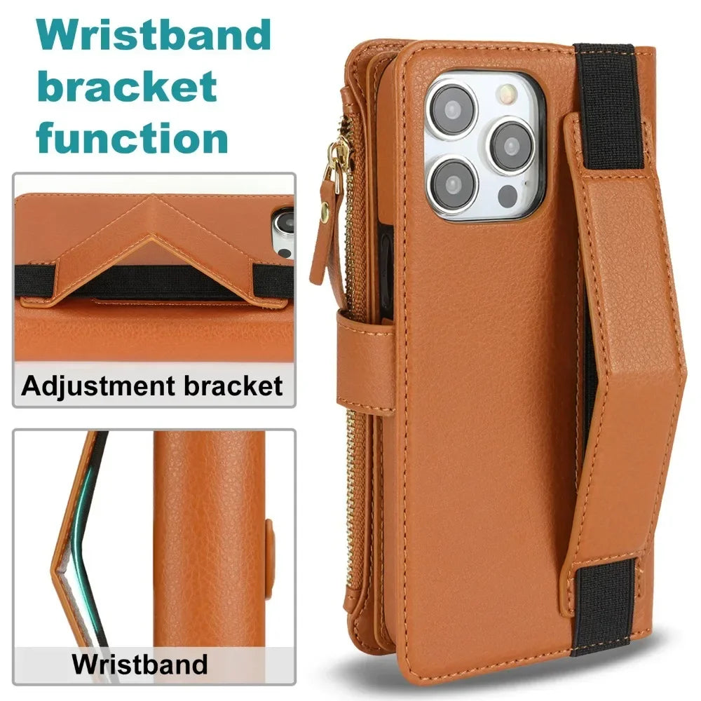 Leather Zipper Wallet Phone Case with Card Holder & Wrist Strap for iPhone 16 Series – Stylish Convenience