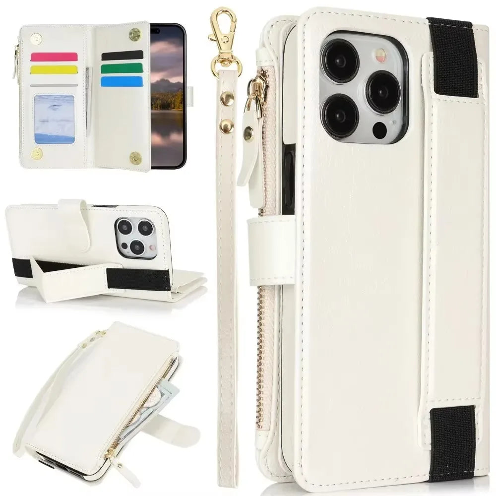 Leather Zipper Wallet Phone Case with Card Holder & Wrist Strap for iPhone 16 Series – Stylish Convenience