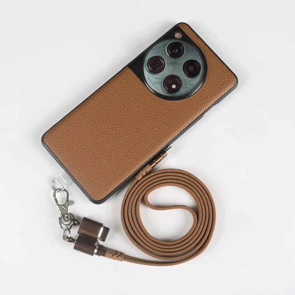 Genuine Leather Case for OnePlus 12 with Lanyard and USB Charging Cable