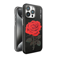 Elegant Matte Leather Case with Embroidered Red Rose for iPhone 16 Series