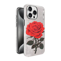 Elegant Matte Leather Case with Embroidered Red Rose for iPhone 16 Series