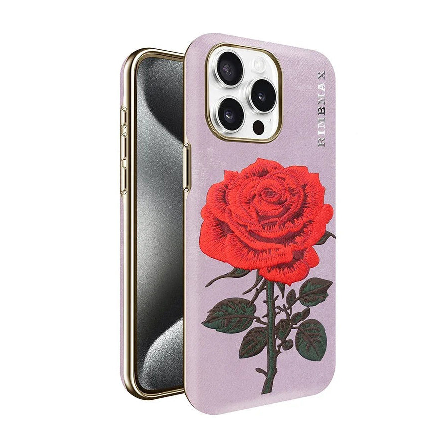 Elegant Matte Leather Case with Embroidered Red Rose for iPhone 16 Series