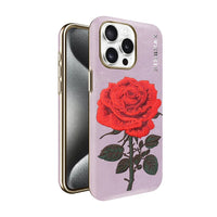 Elegant Matte Leather Case with Embroidered Red Rose for iPhone 16 Series