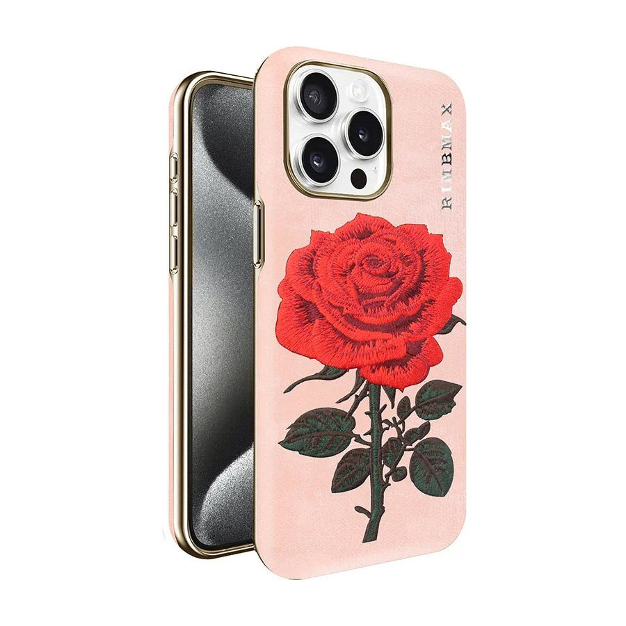 Matte Leather Case with Embroidered Red Rose for iPhone 15 Series