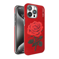 Elegant Matte Leather Case with Embroidered Red Rose for iPhone 16 Series