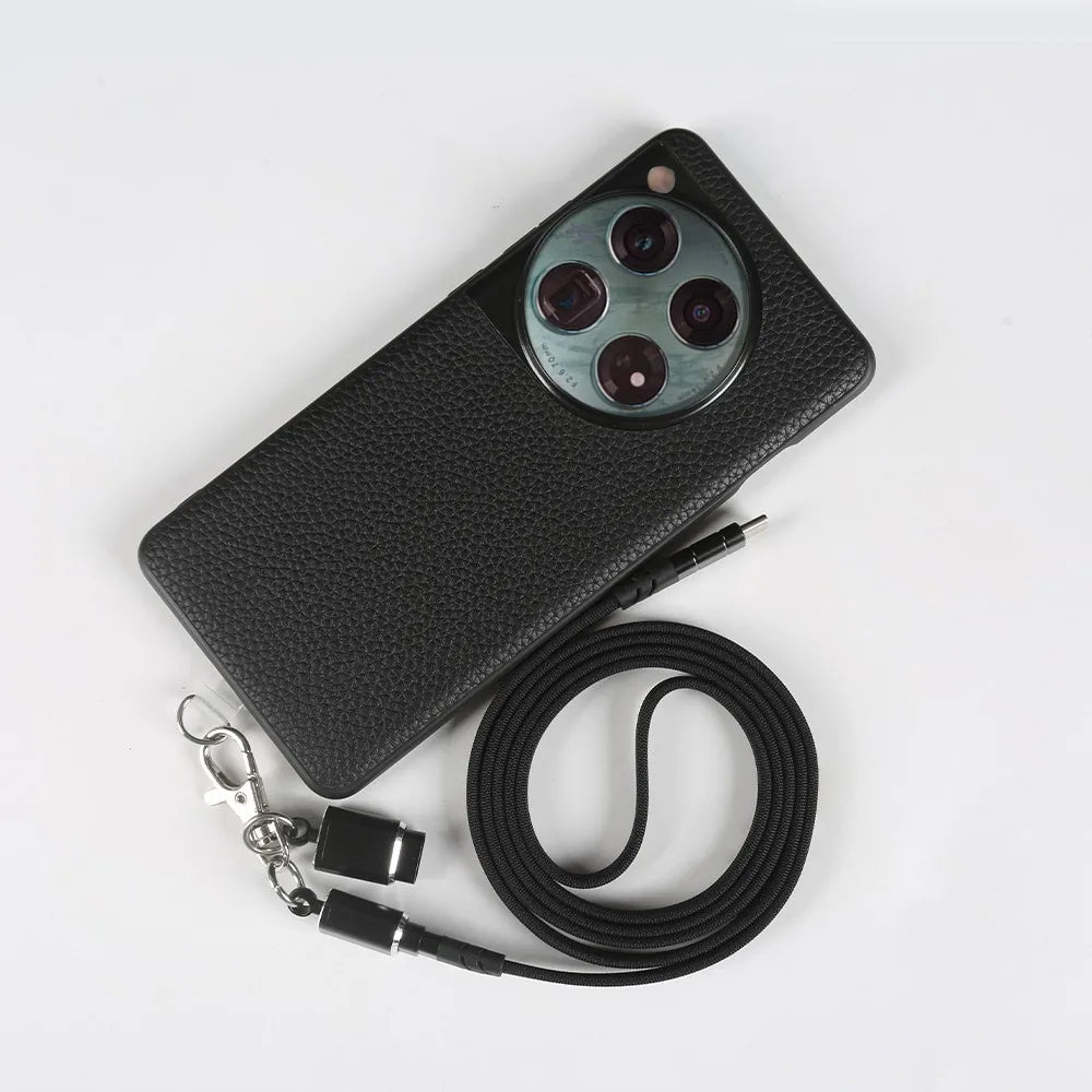 Genuine Leather Case for OnePlus 12 with Lanyard and USB Charging Cable