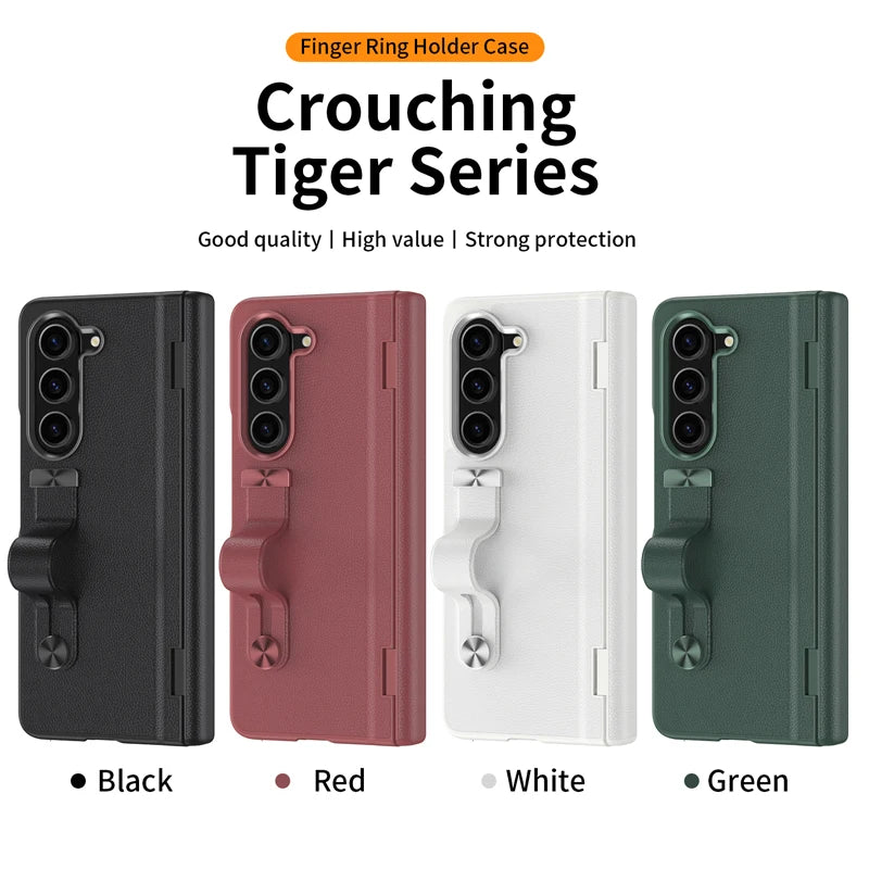 Classic Leather Hinge Finger Ring Buckle Holder Case with Glass Film for Samsung Galaxy Z Fold 5