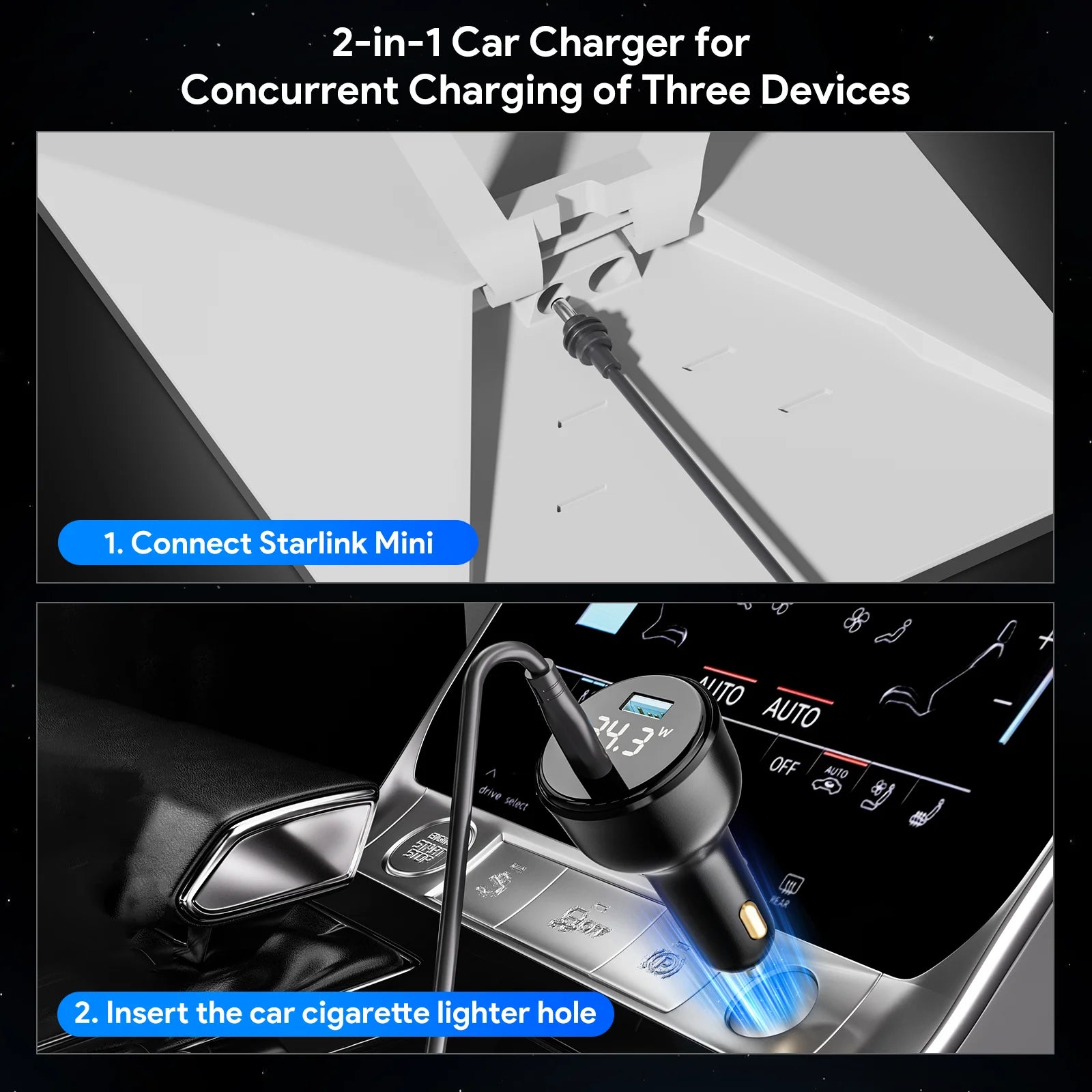 EDUP 100W 2-in-1 Car Charger with Led Screen for Starlink Mini