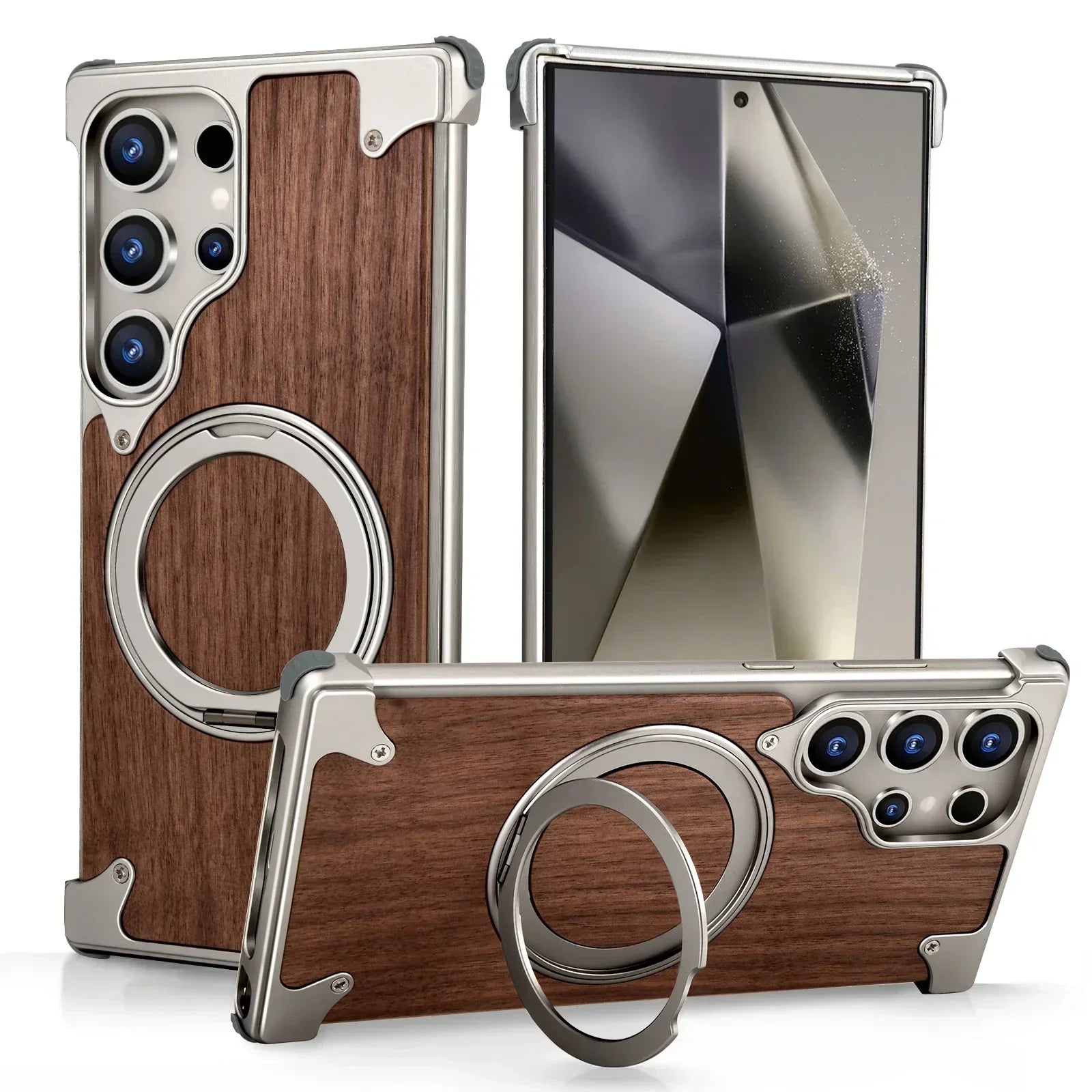 Solid Wood Bumper Case with 360° Rotating Ring Stand for Samsung Galaxy S25 Ultra