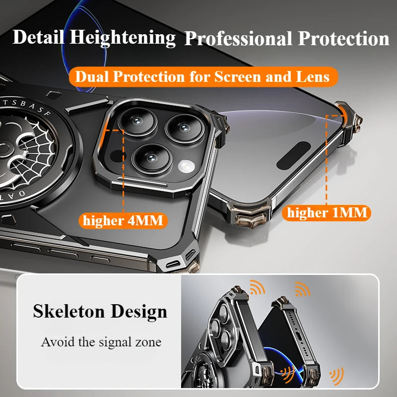 Frameless 360° Rotating Aluminum Phone Case with Bat Design  for iPhone 16 Pro and Pro Max