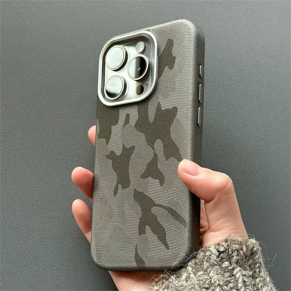 Camouflage Leather MagSafe Shockproof Armor Case for iPhone 15 Series