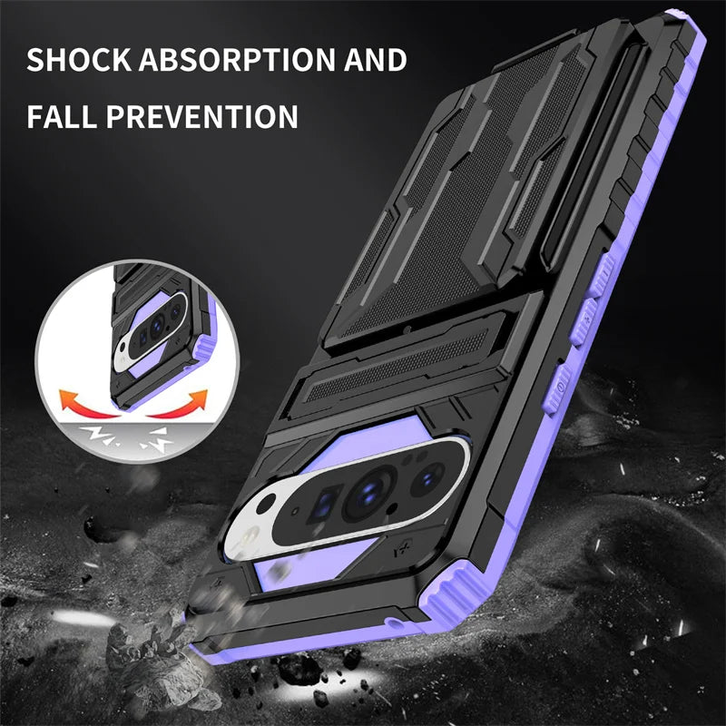 Shockproof Armor Case with Card Slot and Bracket Stand for Google Pixel 9 Pro XL