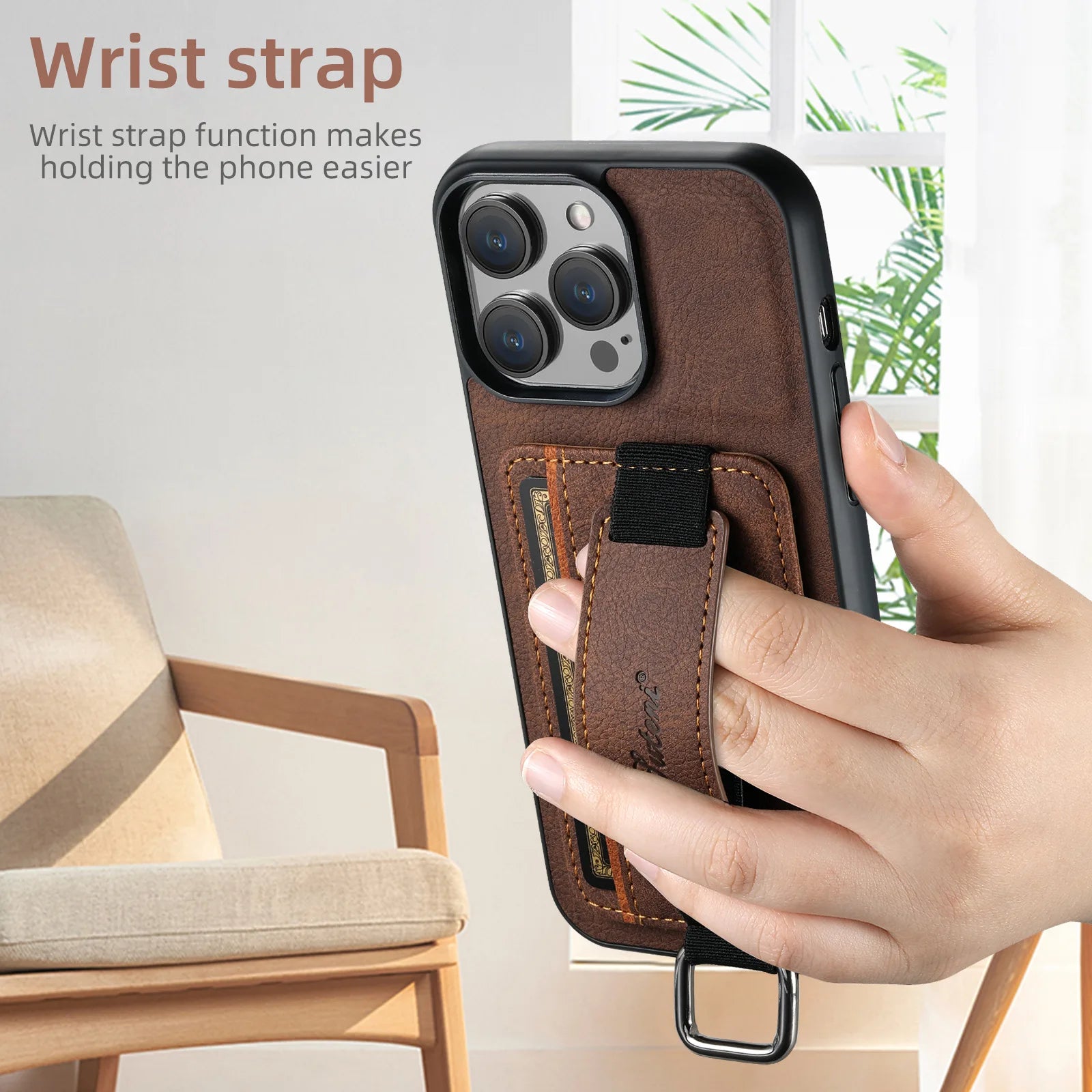 Premium Litchi Grain Leather Case with Card Holder for iPhone 16 Series