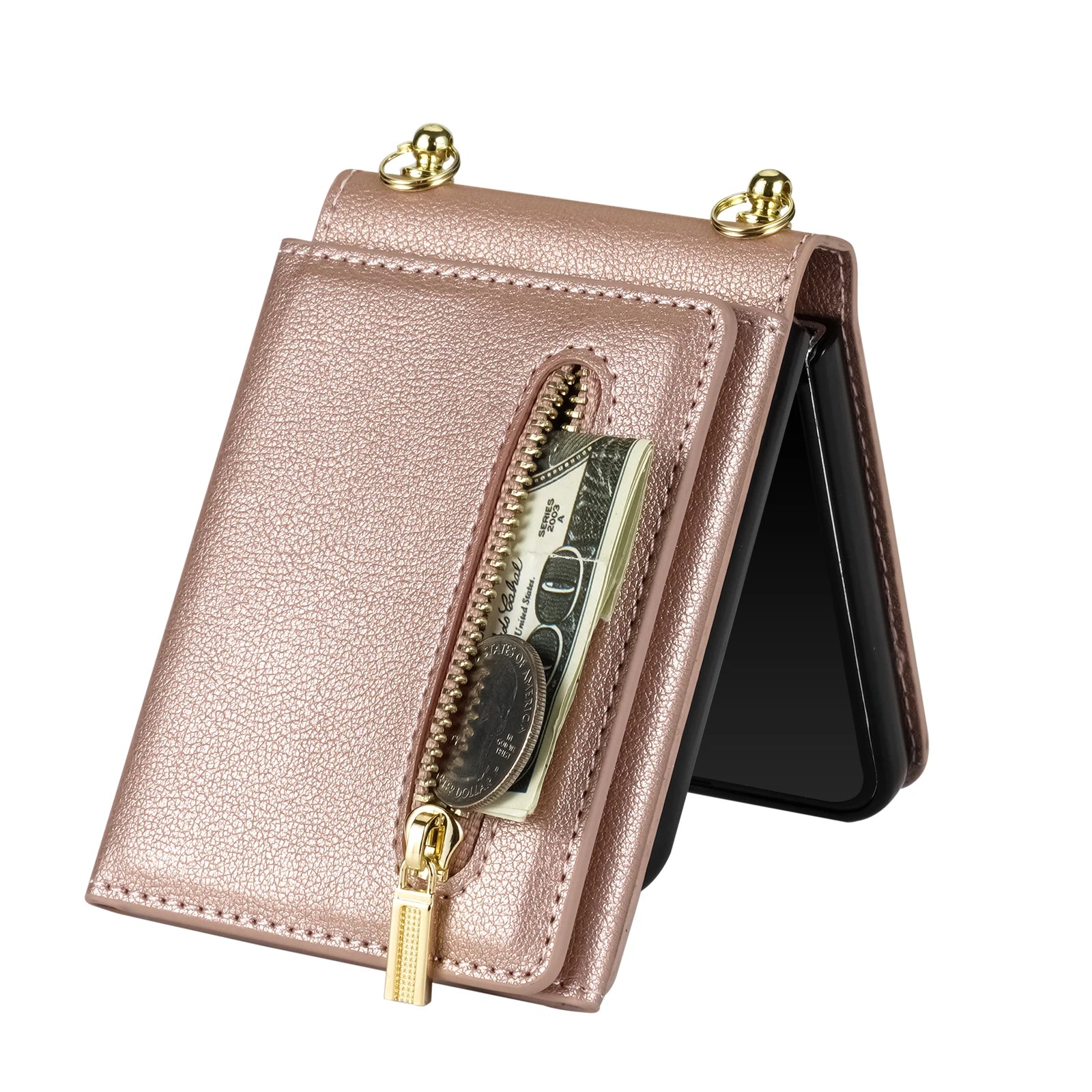 Triple Fold Leather Crossbody Wallet Case with Zipper Card Slots for Samsung Galaxy Z Flip 5