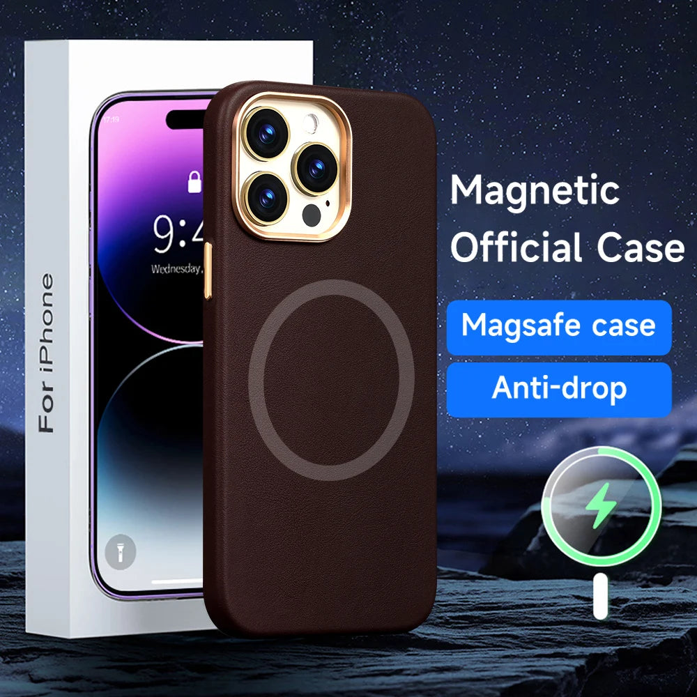 Genuine Leather MagSafe Case with Tempered Glass Screen Protector for iPhone 15 Series