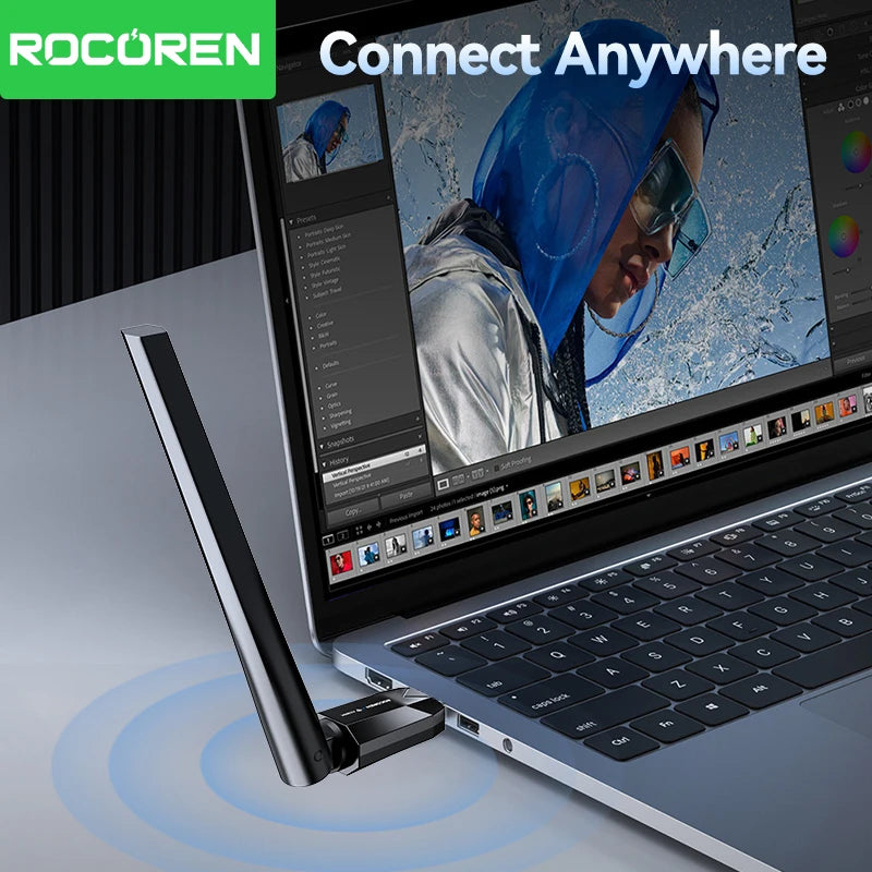 Rocoren AX300M WiFi 6 USB Wireless Adapter with High-Gain Antenna