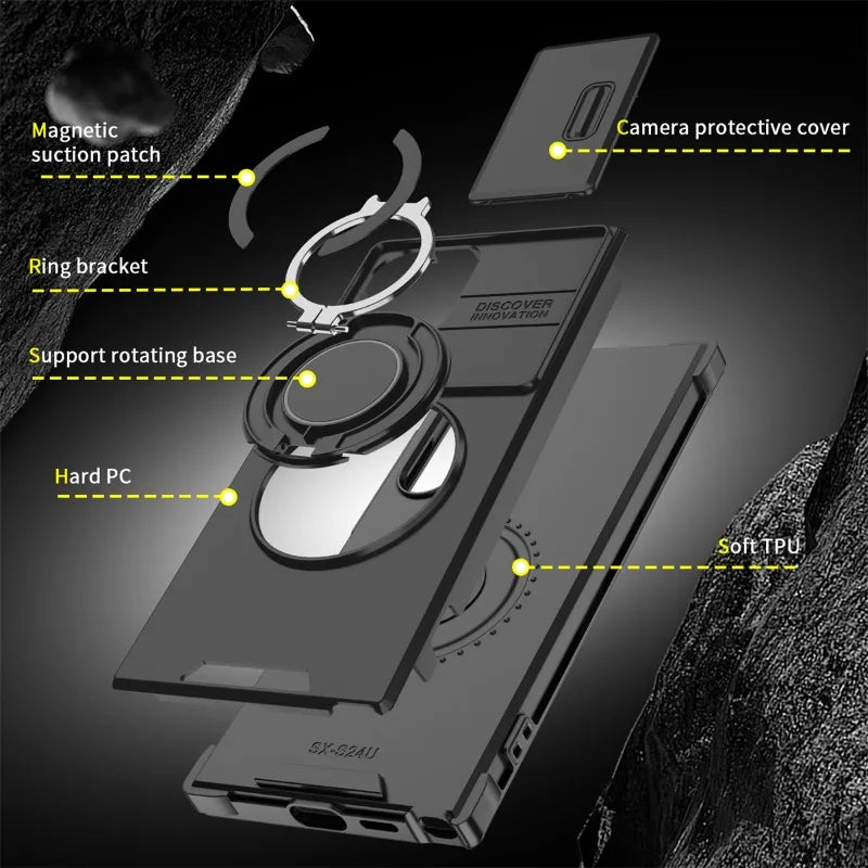 Rotating Stand Lens Push Window Magnetic Phone Case for Samsung Galaxy S24 Series – Stylish Protection and Versatility