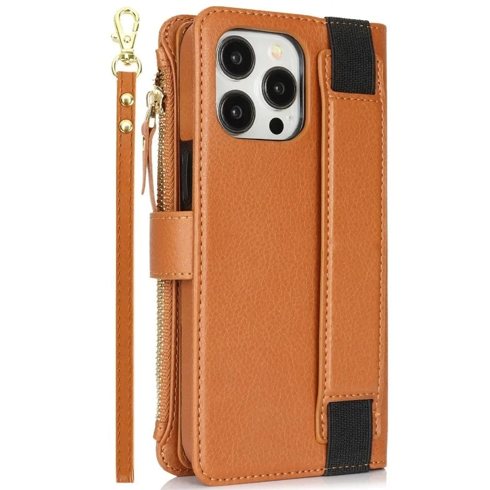 Leather Zipper Wallet Phone Case with Card Holder & Wrist Strap for iPhone 16 Series – Stylish Convenience