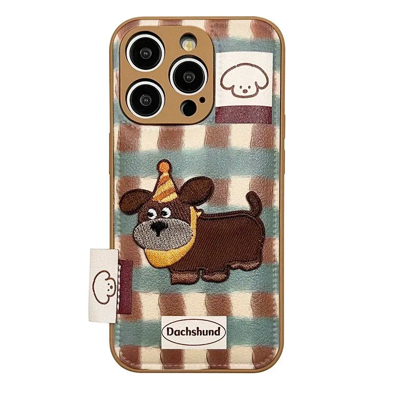 Lovely Embroidered Puppy Dog Leather Drum Bag Case for iPhone 16 Series