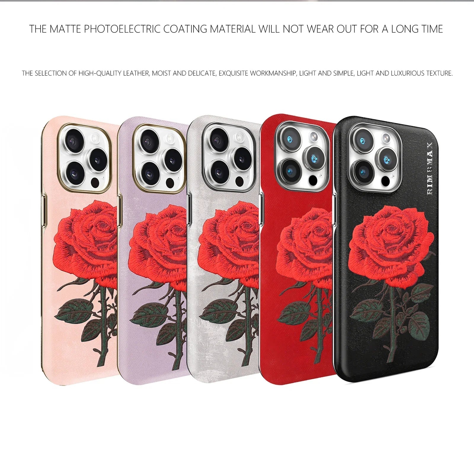 Elegant Matte Leather Case with Embroidered Red Rose for iPhone 16 Series