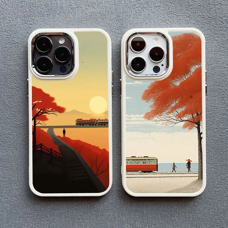 Autumn Sunset Scenery Silicone Phone Case for iPhone 15 Series