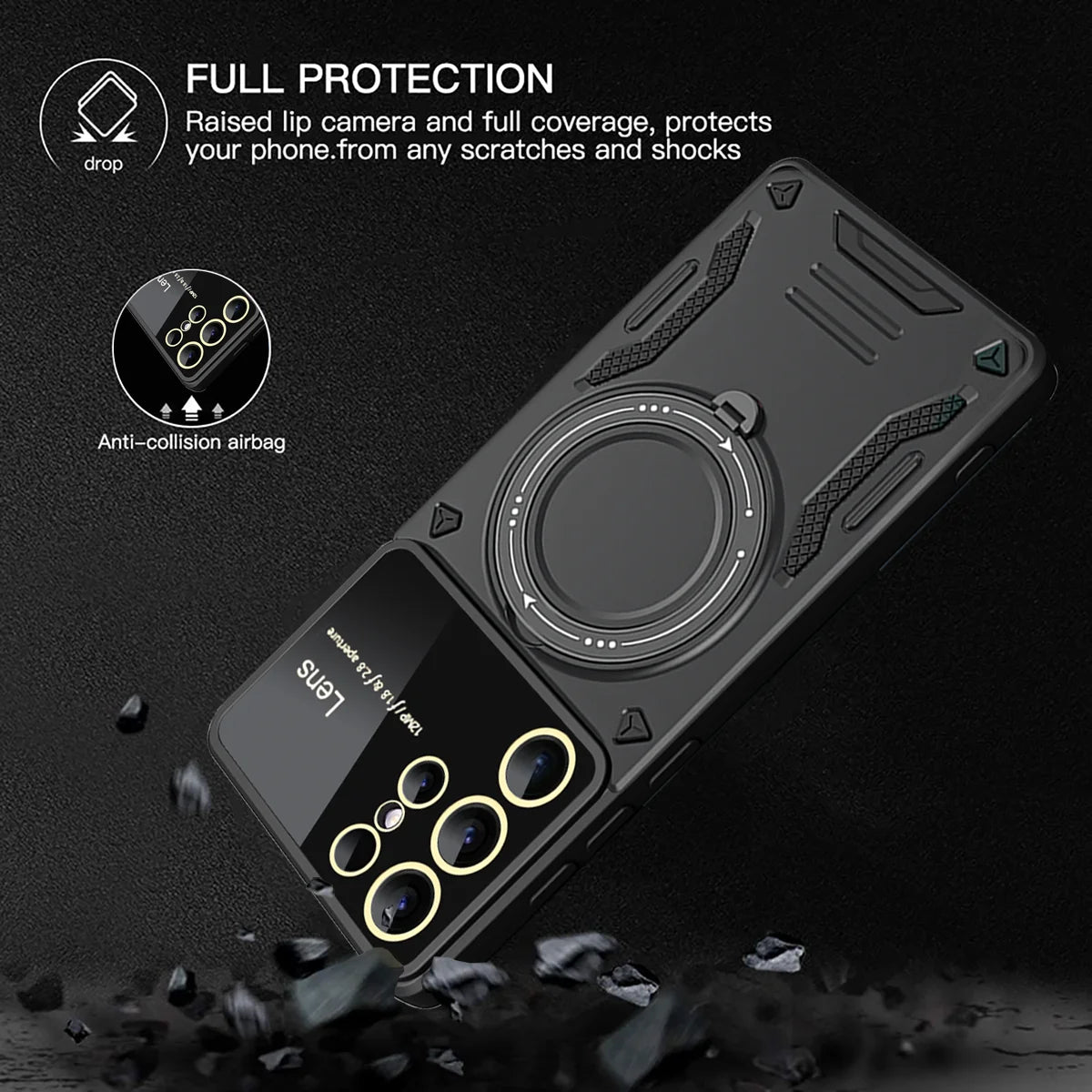 Armor Shockproof Phone Case with Camera Lens Film Protection and Ring Holder for Samsung Galaxy S24 Series