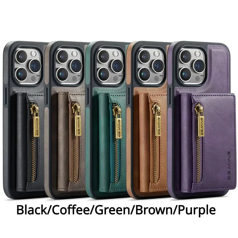 2-in-1 Detachable Magnetic Leather Case with Zipper Card Slot Wallet Pocket Holder for iPhone 14 Series