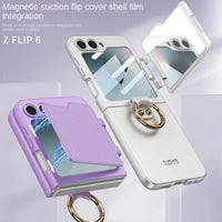 Shockproof Hard Shell Ring Holder Phone Case with Mirror Back Screen Protection for Samsung Galaxy Z Flip 6