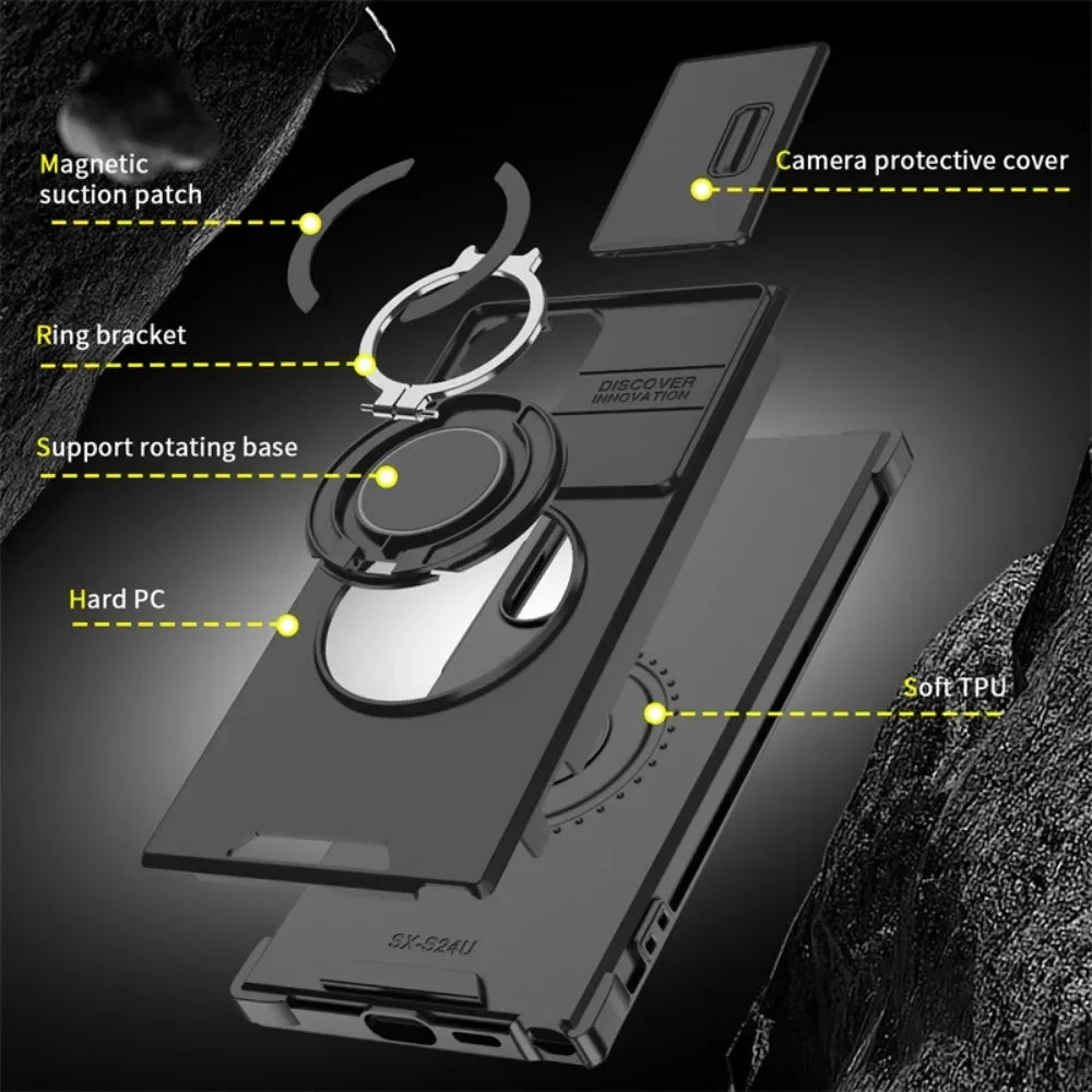 Magnetic Ring Holder Case with Sliding Camera Cover for Samsung Galaxy S24 Series