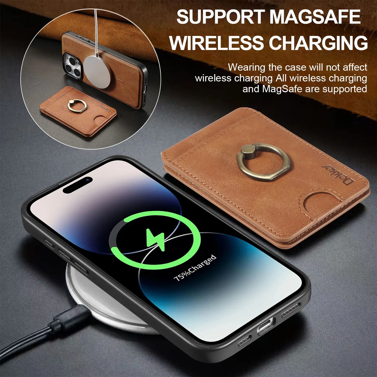 2-in-1 Leather Wallet Case with Detachable Vertical Card Slot and Ring Holder for iPhone 15 Series