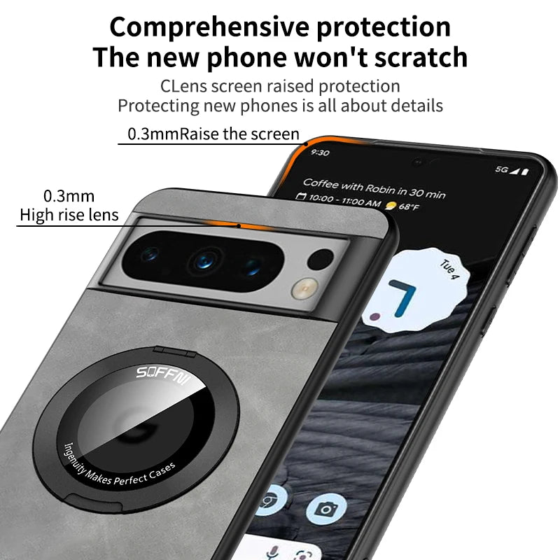 Magnetic Skin Leather Matte Case with Wireless Charging Ring for Google Pixel 8 Series