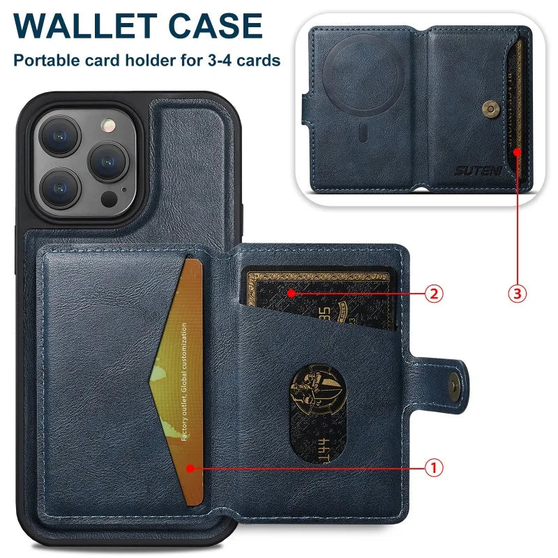 Detachable Leather Magnetic Phone Case with Card Holder for iPhone 15 Series – Versatile Protection & Style