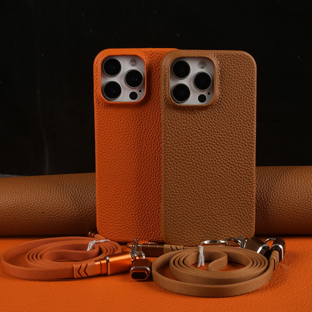 Genuine Leather Phone Case with Lanyard USB Charging Cable for iPhone 16 Series