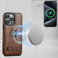 Luxury Stand Leather Wireless Charging Case for iPhone 15 Series