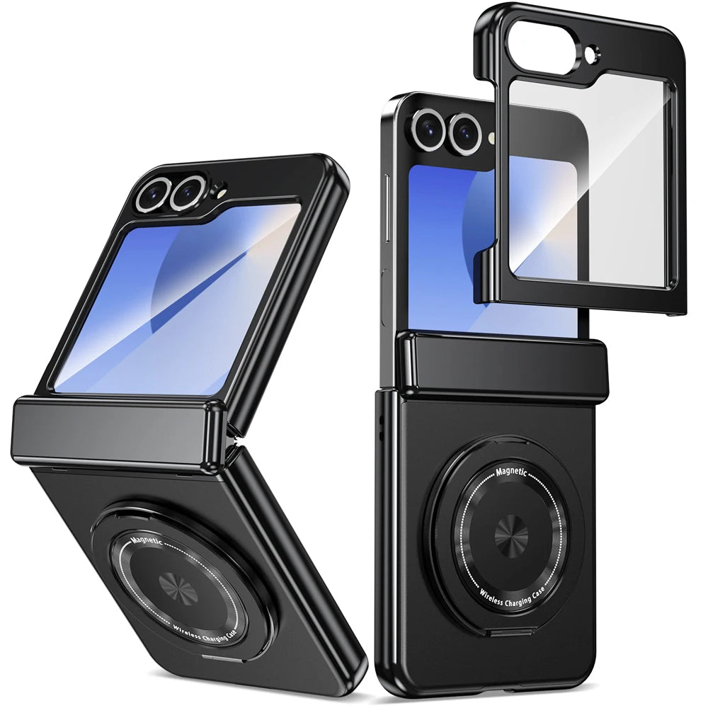 Samsung Galaxy Z Flip 6 case with 360° rotating magnetic ring, screen protector, and wireless charging compatibility.