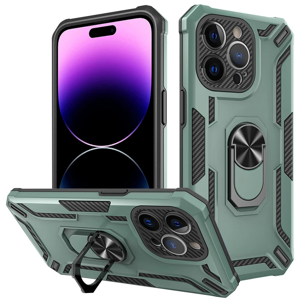 Carbon Fiber Armor Shockproof Phone Case with Ring Holder Stand for iPhone 14 Series