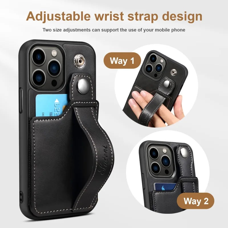 Leather Wrist Strap Wallet Case with Card Slot for iPhone 15 Series