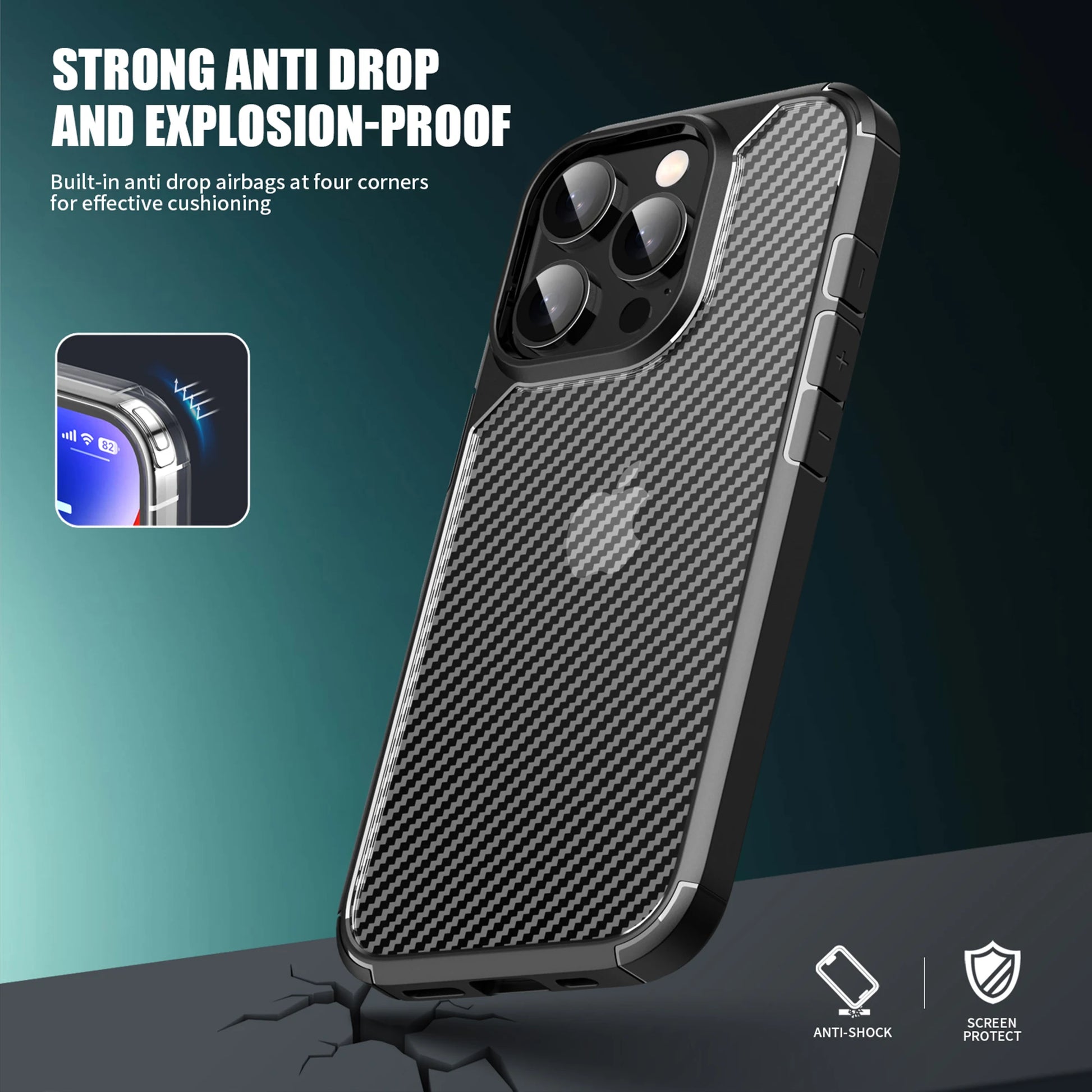 Carbon Fiber Translucent Shockproof Case with Airbag Protection for iPhone 16 Series