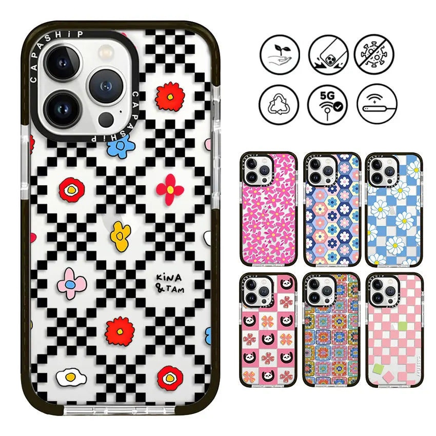 Colorful Chessboard Flowers Soft TPU Shockproof Back Case for iPhone 15 Series