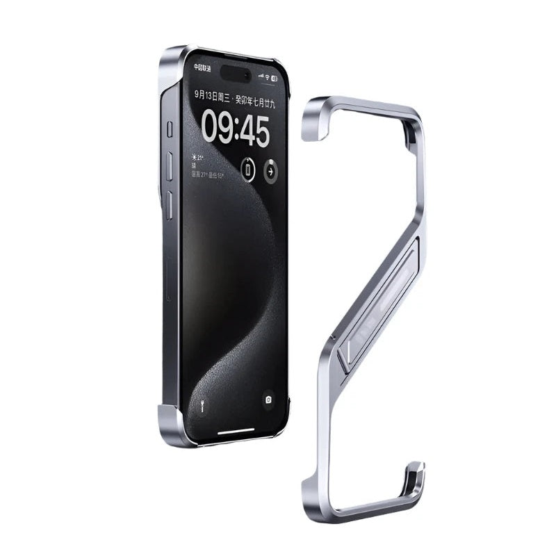 Aluminum Rimless Phone Case with Metal Invisible Holder for iPhone 15 Series