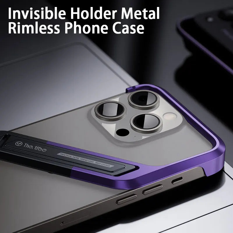 Aluminum Rimless Phone Case with Metal Invisible Holder for iPhone 15 Series