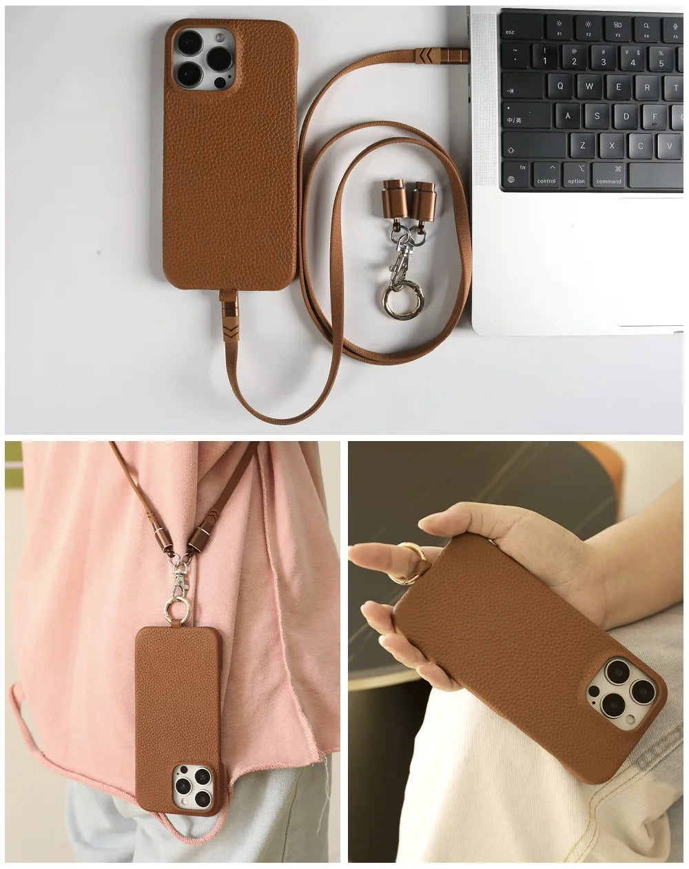 Genuine Leather Phone Case with Lanyard USB Charging Cable for iPhone 16 Series