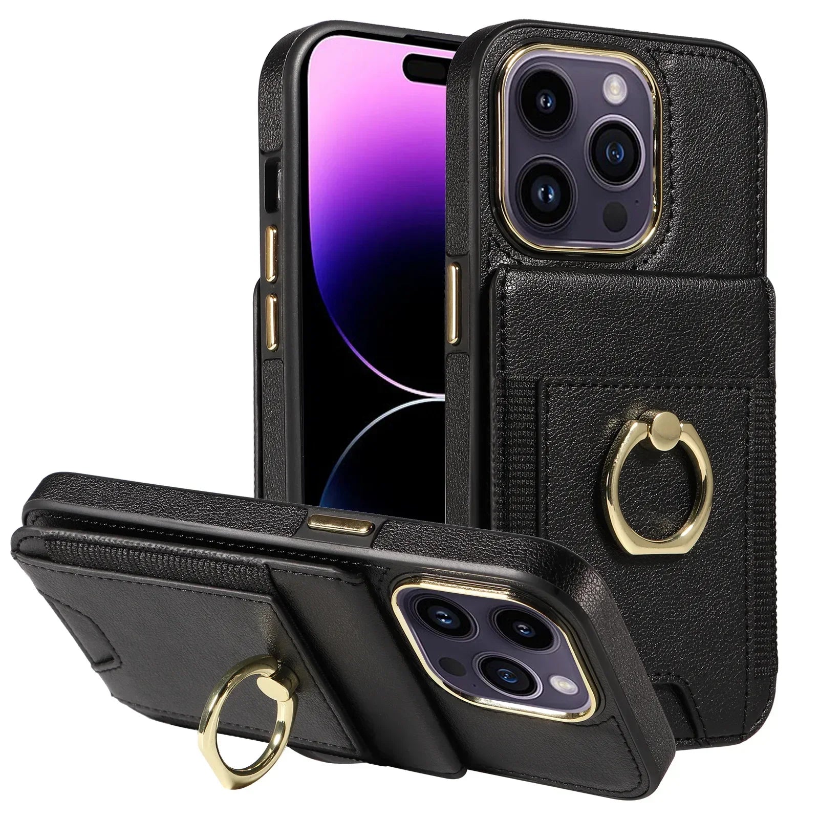 iPhone 16 Series Leather Wallet Case with Ring Holder and Vertical Card Holder