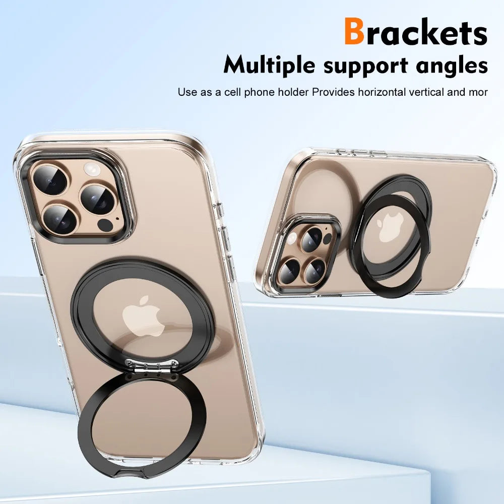 iPhone 16 Series Transparent Case with 360° Rotating Magnetic Bracket & Ring Holder