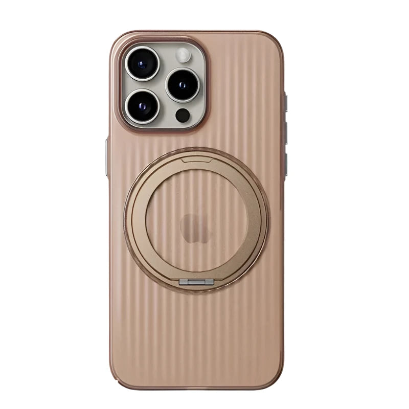 Shockproof MagSafe phone case with 360° rotating metal ring and corrugated stripes for iPhone 16 series.