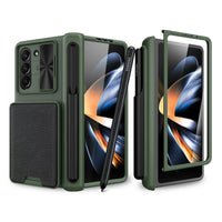 Hard Matte PC Leather Wallet Card Bag Cover Case with Hinge Protective S Pen Holder and Glass Film for Samsung Galaxy Z Fold 5