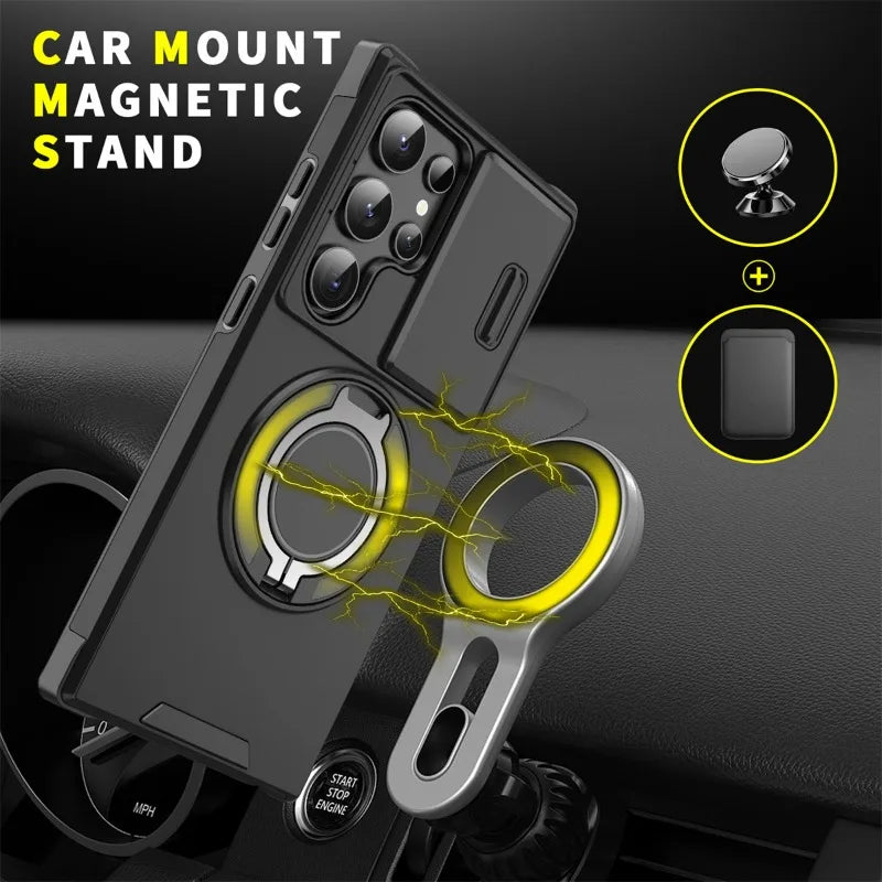 Rotating Stand Lens Push Window Magnetic Phone Case for Samsung Galaxy S23 Series – Versatile Protection and Functionality