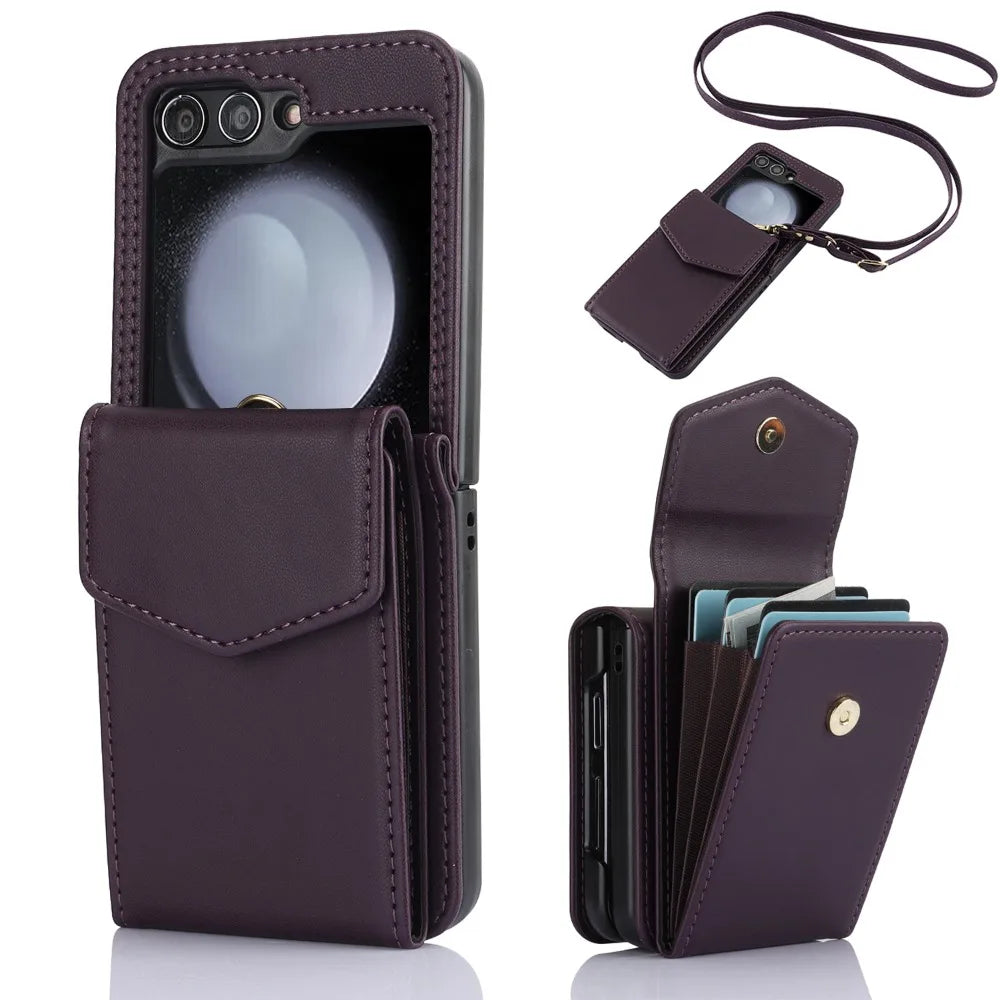 Luxury Shockproof Leather Wallet Case with Card Holder and Crossbody Lanyard for Samsung Galaxy Z Flip 6